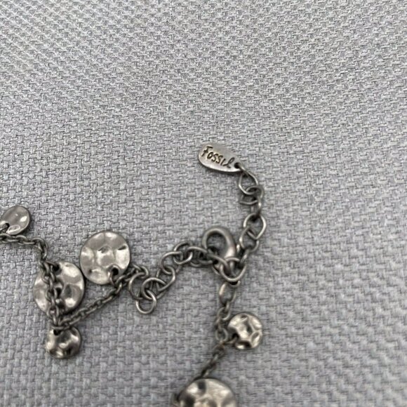 Fossil Hammered Discs Drop Charm Chain Necklace Adjustable Lobster Closure 38" - Picture 4 of 4